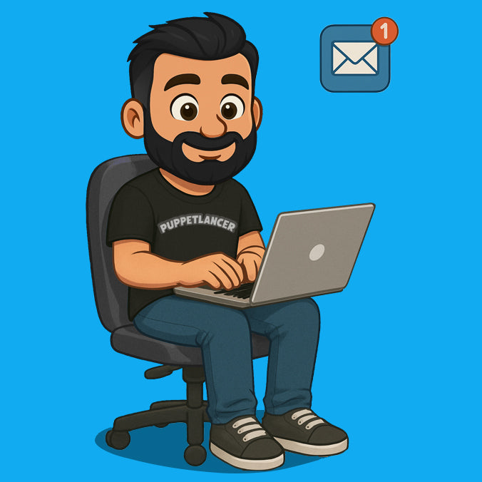 Cartoon character sitting on a chair with a laptop, wearing a black t-shirt with 'PuppetLancer' text, on a blue background. contact form adobe Character Animator puppet