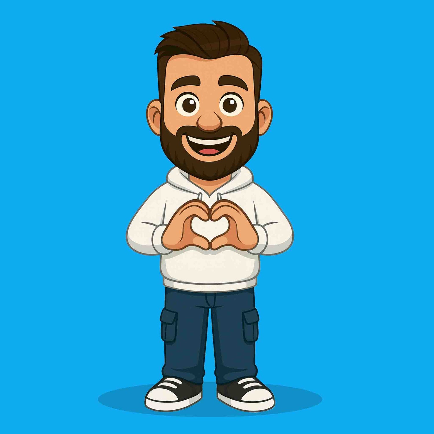 Cartoon character with a beard making a heart shape with his hands on a blue background, testimonial page, adobe Character Animator puppet, puppetlancer