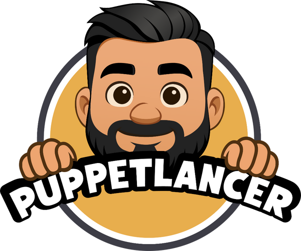 Logo of PuppetLancer with a cartoon character holding a sign on a white background