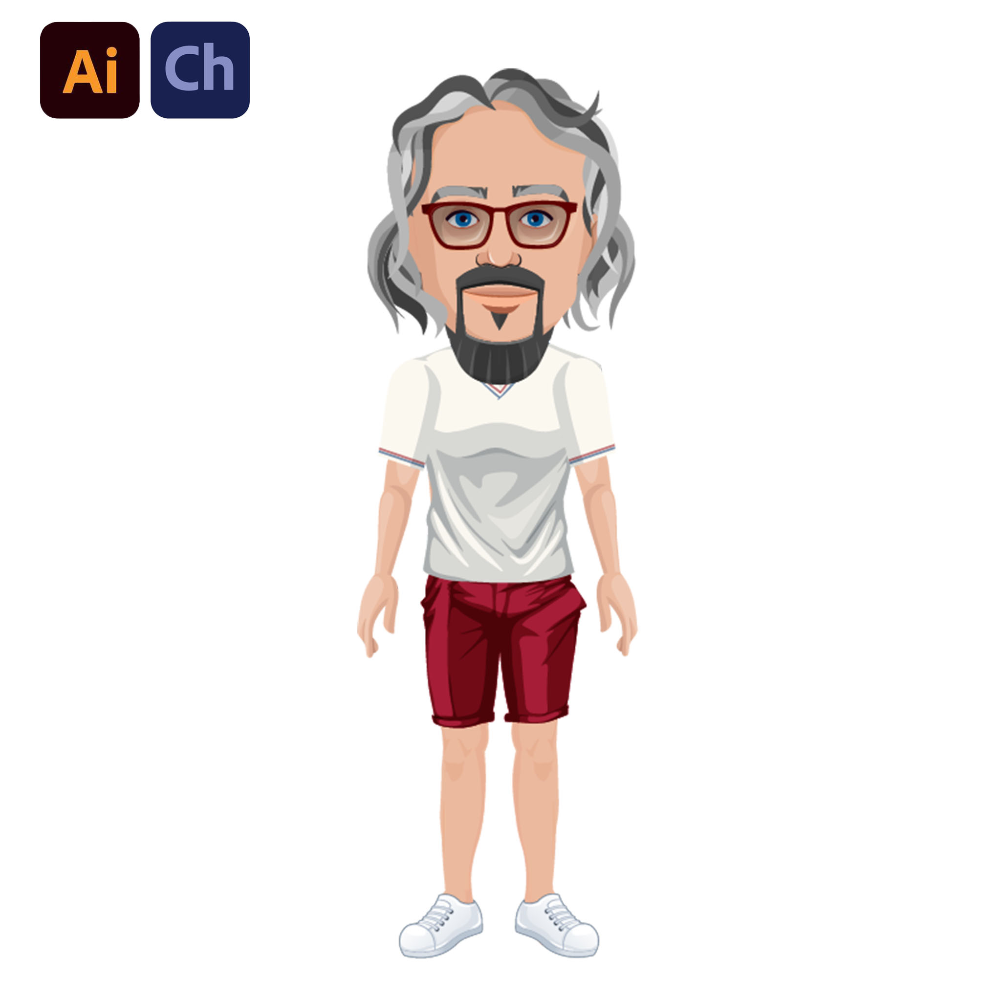 Carlos is a relatable and laid-back puppet designed by Puppetlancer for Adobe Character Animator, ideal for creating engaging vlogging, storytelling, and explanatory videos. With his long grey hair, French beard, and casual outfit of a t-shirt and shorts, Carlos embodies a relaxed and knowledgeable persona, making him perfect for a wide range of content, from personal vlogs to educational stories.