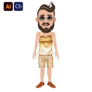 Denny is a trendy and charismatic puppet designed by Puppetlancer for Adobe Character Animator, perfect for creating modern, fashionable, and casual-themed animations. With his round glasses, stylish beard, and laid-back attire featuring shorts, Denny is the ideal character for vlogging, lifestyle storytelling, and any content requiring a cool and relaxed persona.