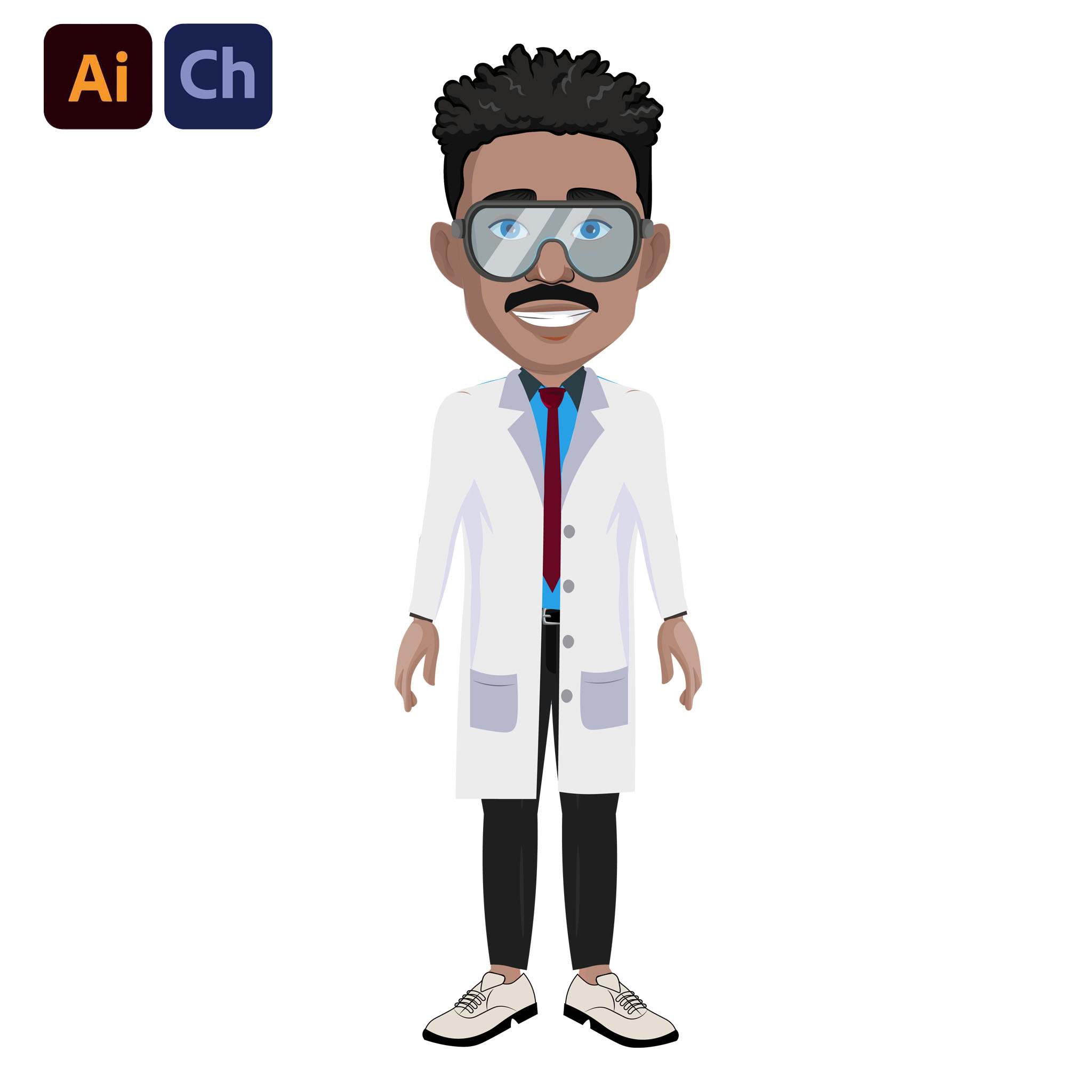 Dr. Joseph is a meticulously crafted puppet designed for Adobe Character Animator, perfect for creating professional and educational animations centered around medical and scientific themes. His appearance and detailed attire make him ideal for projects focusing on healthcare, research, and academic presentations.