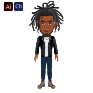 George is a sleek and fashionable puppet designed by Puppetlancer for Adobe Character Animator, perfect for creating animations that reflect modern style and cultural flair. With his dark skin, African-style braided hair, and a trendy outfit featuring a jacket over a t-shirt and a chain around his neck, George is the ideal character for vlogging, storytelling, and content that celebrates diversity, fashion, and urban culture.
