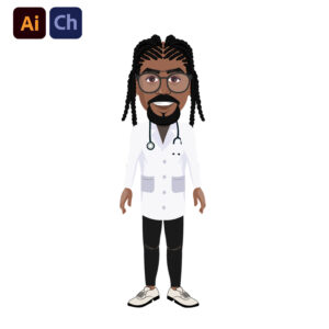 Jonathan is a well-crafted and professional puppet designed by Puppetlancer for Adobe Character Animator, perfect for creating medical or educational animations. Jonathan features dark skin, hair styled in braids, and wears traditional doctor attire with glasses, making him an ideal character for content related to healthcare, medical education, or professional storytelling.