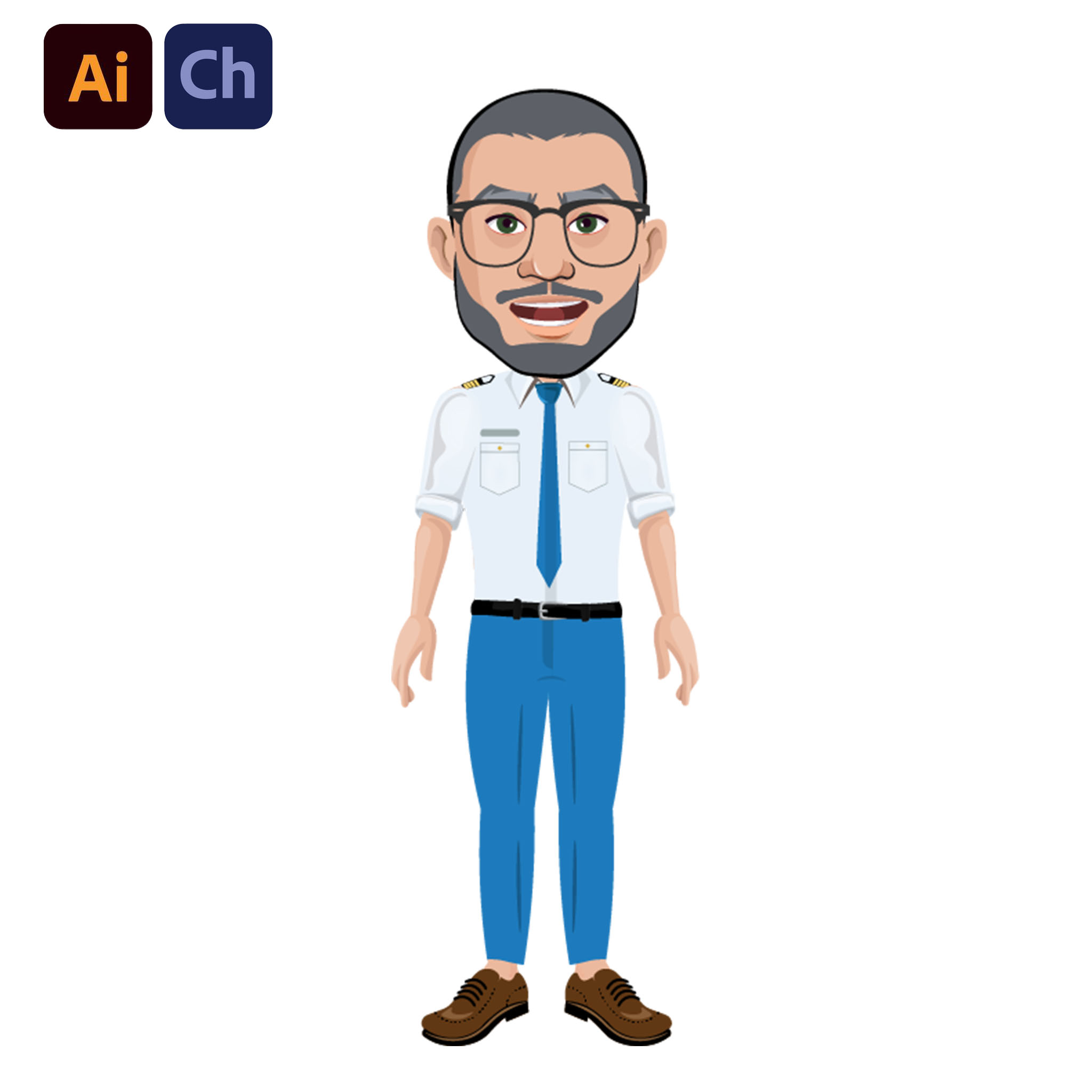 William is a refined and versatile puppet designed by Puppetlancer for Adobe Character Animator, ideal for a range of professional and educational animations. Sporting a clean-cut, short-haired look, William is dressed in a shirt and tie, complemented by glasses, making him the perfect character for business, learning, and other professional contexts.