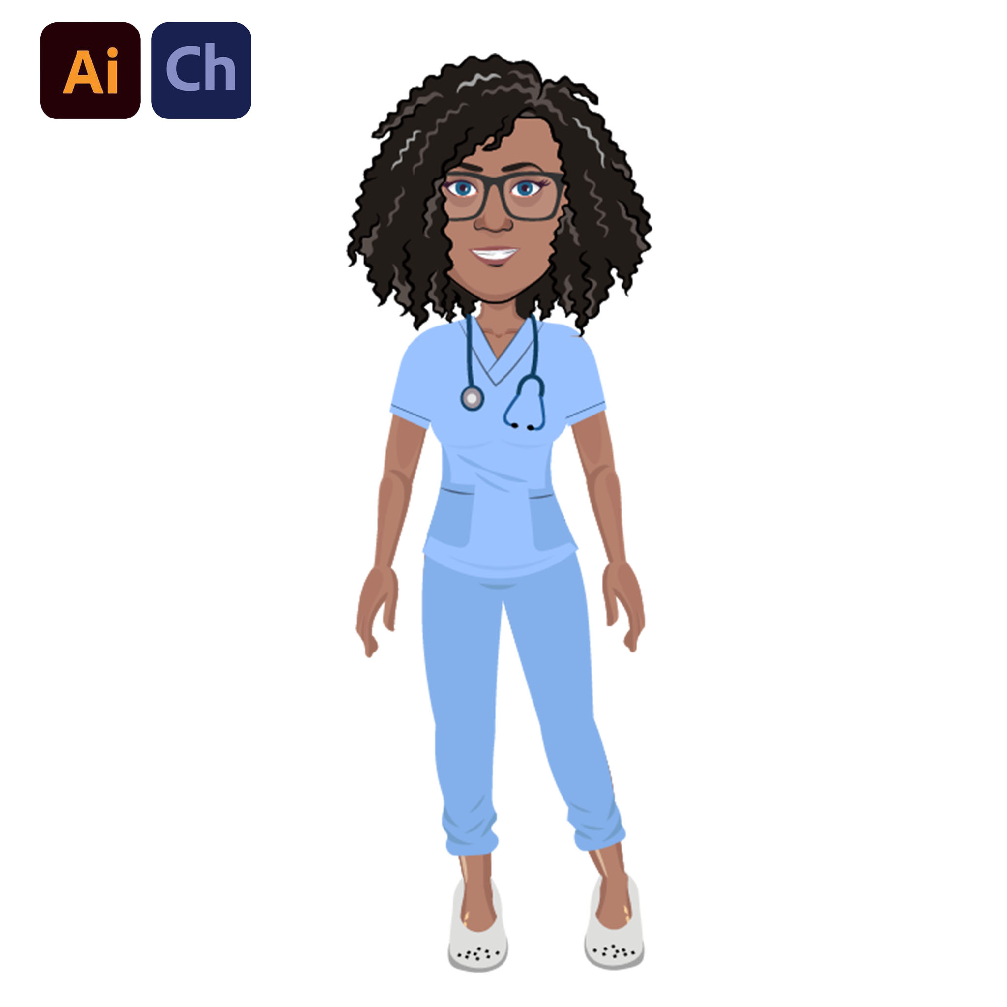 Amara is a beautifully crafted Adobe Character Animator puppet by Puppetlancer, designed for educational and medical animation projects. Featuring curly hair, a dark skin tone, and a blue nurse uniform complete with a stethoscope, Amara radiates professionalism and empathy, making her ideal for healthcare tutorials, awareness campaigns, and storytelling animations.