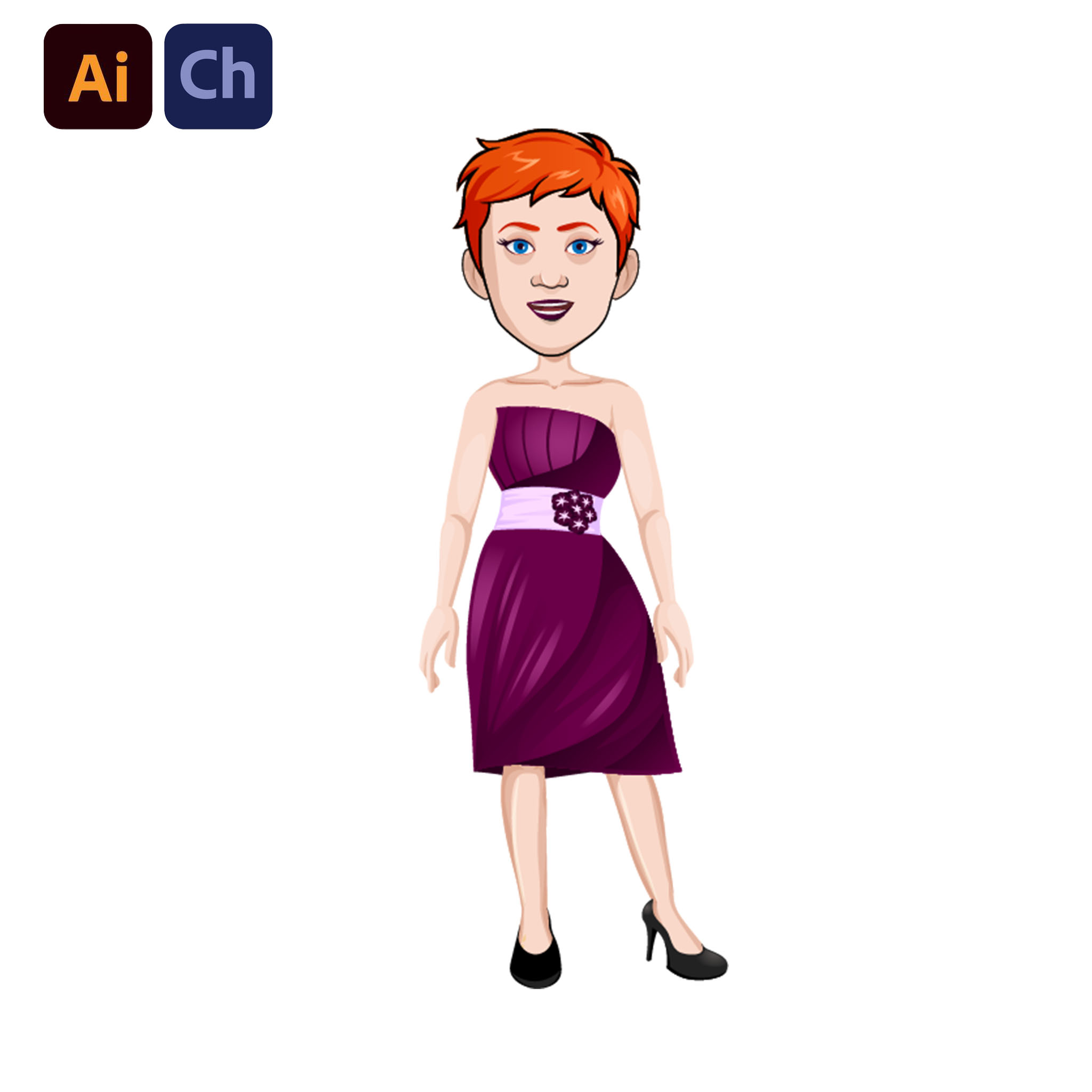 Hira is a stunning and stylish Adobe Character Animator puppet designed by Puppetlancer, perfect for fashion content, elegant storytelling, and sophisticated animations. With her rich wine-colored strapless dress and short, vibrant orange hair, Hira embodies confidence and modern elegance, making her ideal for glamorous, high-fashion, and lifestyle-themed projects.